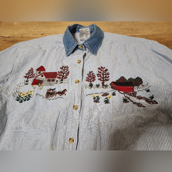 VINTAGE 80's Solutions Embroidered Barn Farm Striped DENIM SHIRT Women's L - Picture 2 of 6